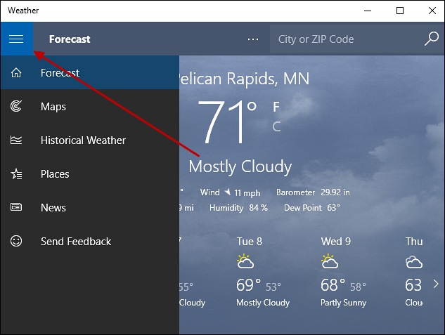menu pre Windows 10 Počasie