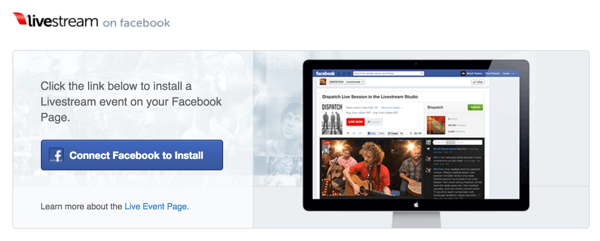 Kliknutím na tlačidlo Pripojiť Facebook k inštalácii nainštalujete Livestream na svoju stránku na Facebooku.