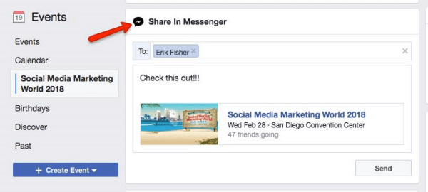 Facebook vyzýva používateľov, aby zdieľali udalosť objavenú na Facebooku s ostatnými používateľmi aplikácie Messenger.