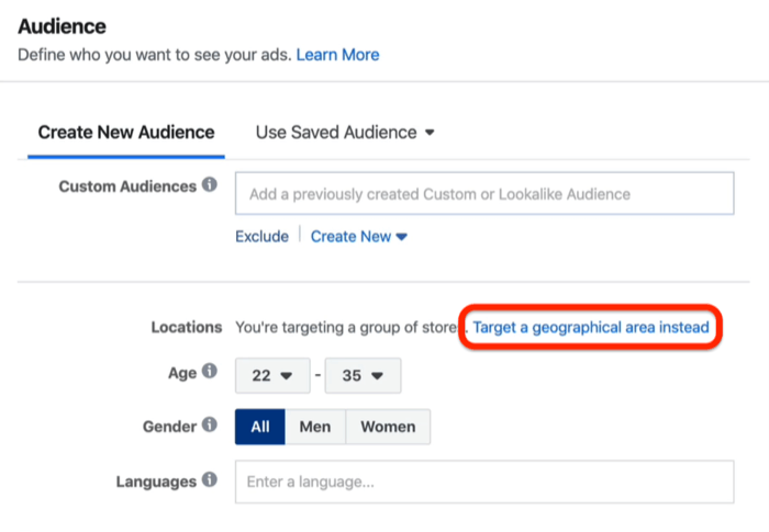 Namiesto toho v nástroji Facebook Ads Manager zacielite na geografickú oblasť
