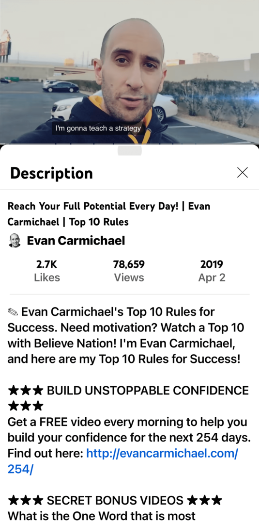 obrázok videa Evan Carmichael YouTube a popis v mobilnej aplikácii
