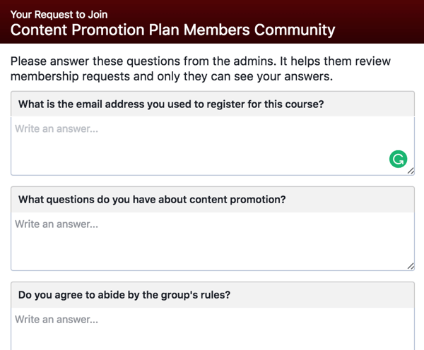 Požiadajte potenciálnych členov skupiny Facebook, aby odpovedali na kvalifikačné otázky.