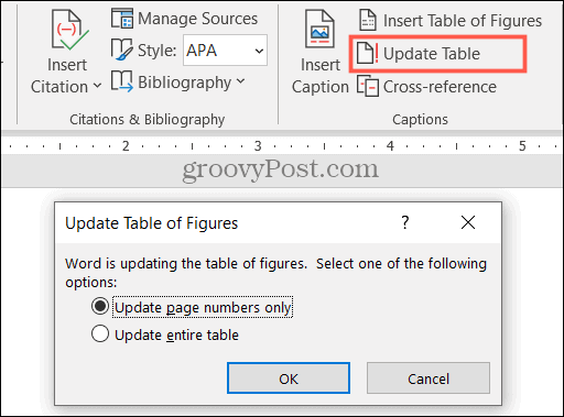 Aktualizácia tabuľky obrázkov v programe Word