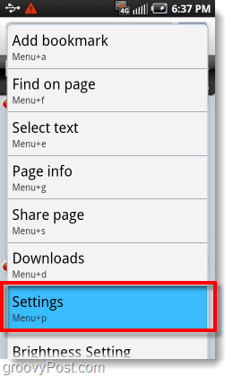 prístup k ponuke nastavení v prehliadači Android