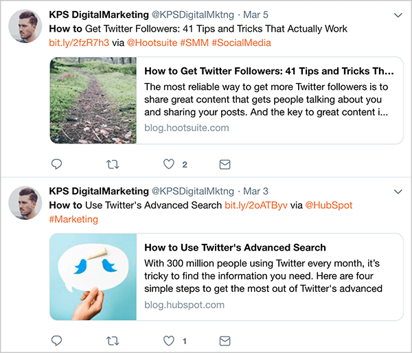 Toto je snímka automatických tweetov z @KPSDigitalMarketing zverejnená 3. a 5. marca. Tieto tweety sa objavia skôr, ako Dan Knowlton prestal automatizovať tweety. Tweety sa riadia vzorcom, vďaka ktorému sú rozpoznateľné ako marketingové tweety: názov článku, krátky odkaz, slovo „via“ plus popisovač článku na Twitteri a potom niektoré hashtagy. Prvý tweet je k článku s názvom „Ako získať sledovateľov Twitteru: 41 tipov a trikov, ktoré skutočne fungujú“. Druhým je článok s názvom „Ako používať rozšírené vyhľadávanie na Twitteri“.
