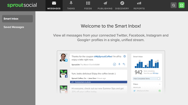 Sprout Social ponúka inteligentnú doručenú poštu, ktorá vám umožní prezerať si správy z viacerých sociálnych profilov na jednom mieste.