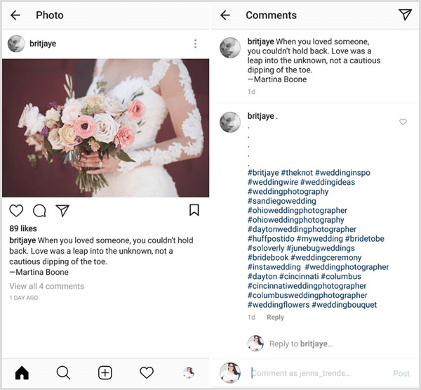 príklad príspevku na Instagrame s kombináciou hashtagov obsahu, odvetvia, výklenku a značiek