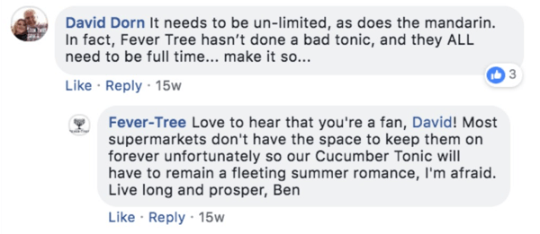 Príklad reakcie stromu horúčky na komentár k príspevku na Facebooku.