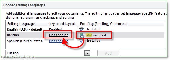 povoliť kontrolu pravopisu a rozloženie klávesnice pre rudné jazyky v kancelárii 2010