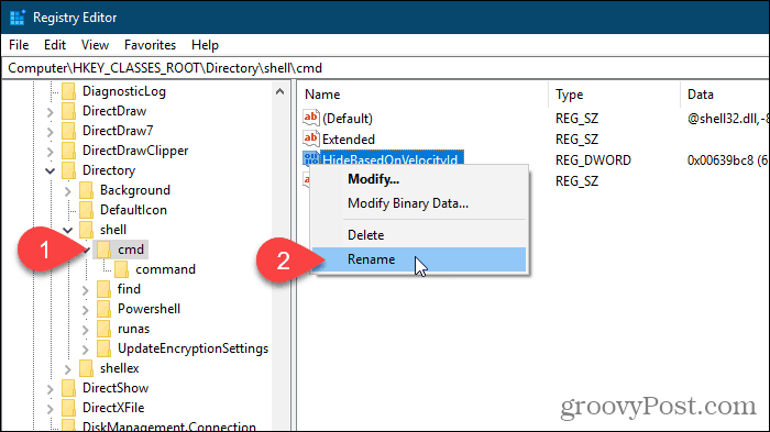 Vyberte Premenovať pre hodnotu HideBasedOnVelocityId v editore databázy Registry systému Windows