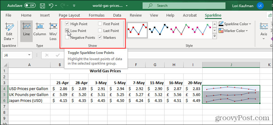 Zobraziť možnosti pre Sparklines v programe Excel