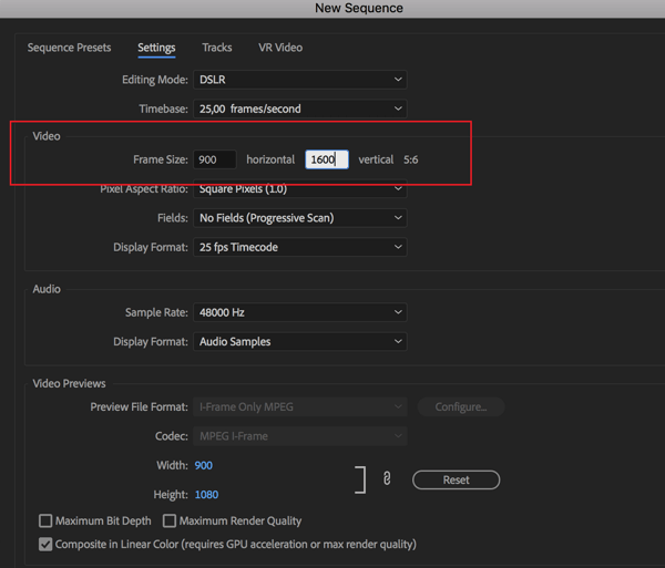 Možnosť nastavenia snímkovej frekvencie pre vašu sekvenciu v aplikácii Adobe Premier Pro.