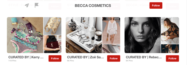 Príklad hosťovských dosiek na Pintereste, ktoré vytvorili influenceri pre Becca Cosmetics.