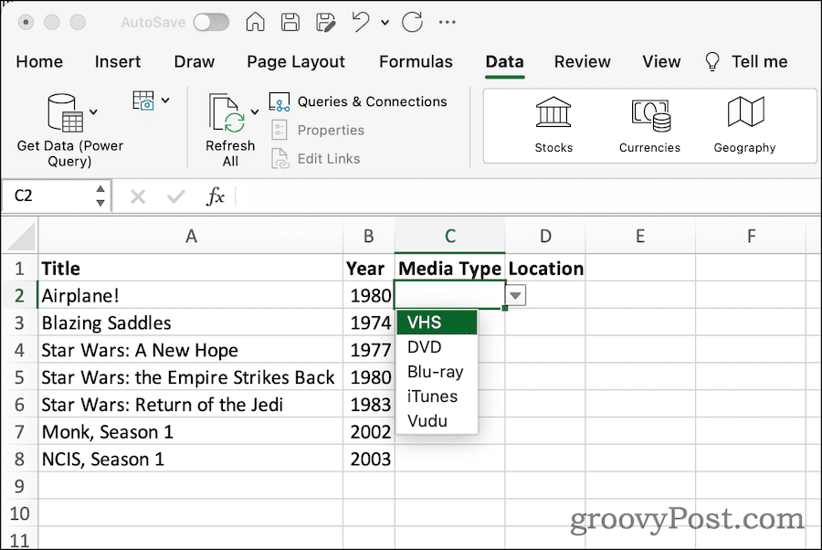 Rozbaľovací zoznam v tabuľke Excel