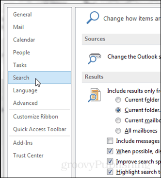 možnosti programu Outlook> hľadať
