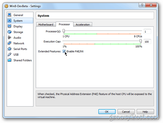 Procesor nastavenia systému VirtualBox povoľuje okná pae / nx cpu 8