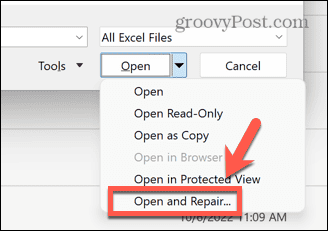 Excel otvoriť a opraviť dokument