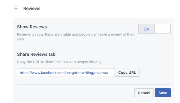 Povoľte recenzie na Facebooku výberom možnosti Zapnuté vedľa položky Zobraziť recenzie.