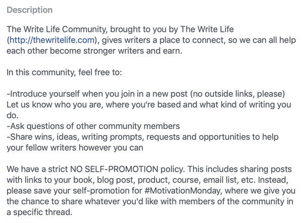 Ako vylepšiť komunitu skupín na Facebooku, príklad popisu a pravidiel skupiny na Facebooku od komunity Write Life