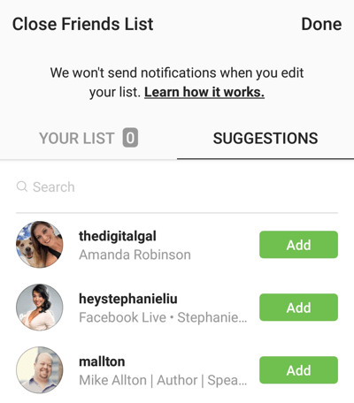 Možnosť kliknúť na Pridať a pridať priateľa do zoznamu Zatvoriť priateľov na Instagrame.