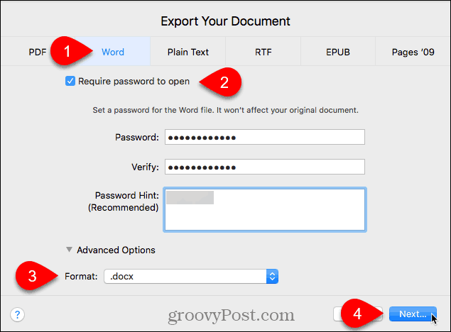 Dialógové okno Exportovať váš dokument na stránkach pre Mac