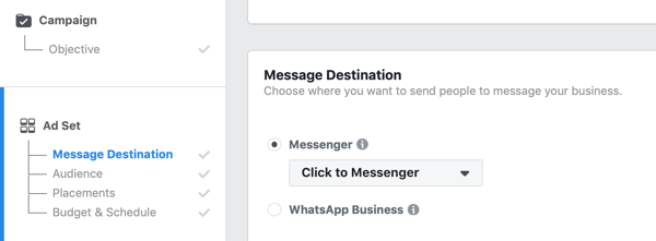 Facebook - reklamy typu Click to Messenger, krok 1.