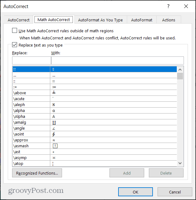 Matematické automatické opravy v programe Word vo Windows