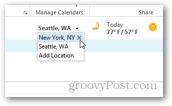 Prehliadka počasia v kalendári Outlooku 2013 – pridanie miest na odstránenie