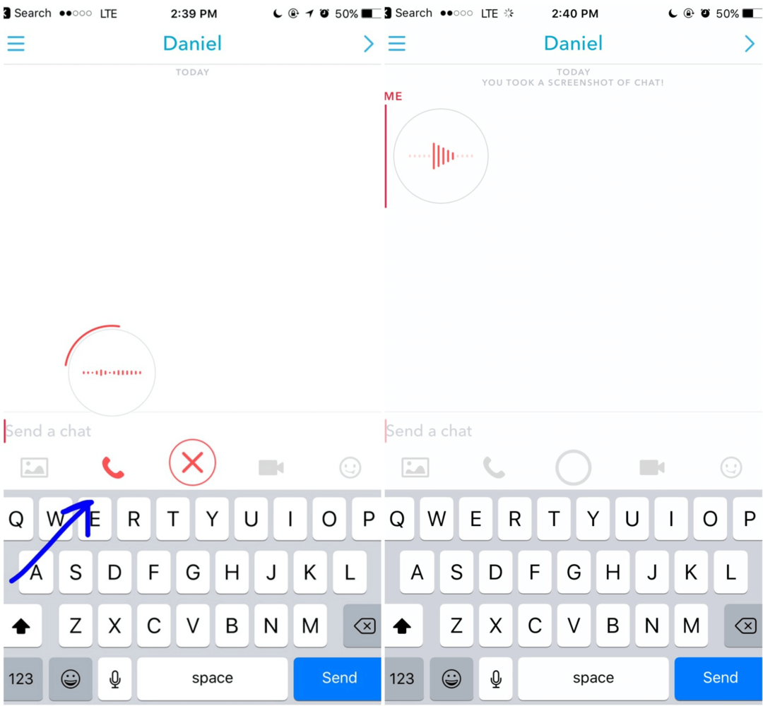 V Snapchate podržte ikonu telefónu a nahrajte hlasovú správu, ktorá sa zákazníkovi zobrazí pri ďalšom prihlásení.