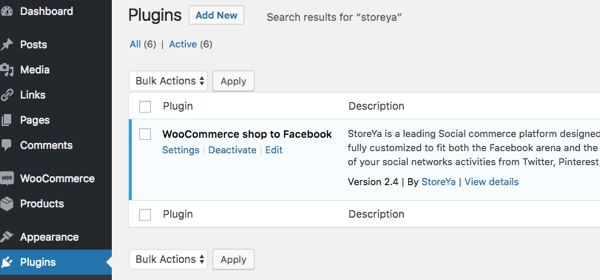 Budete vedieť, že doplnok je aktivovaný, keď sa položka WooCommerce Shop to Facebook zobrazí v zozname Installed Plugins.