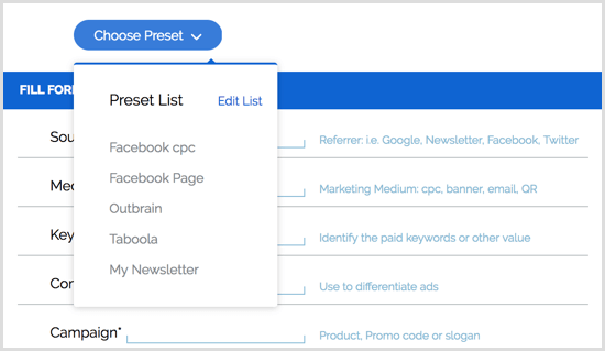 Predvoľby rozšírenia Google URL Builder pre Chrome
