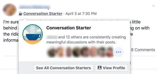 Ako vylepšiť svoju komunitu v skupine na Facebooku, príklad odznaku skupiny „Facebook Starter“ vedľa mena člena skupiny a vyskakovacieho okna identifikujúceho ďalších členov skupiny, ktorí tento odznak zdieľajú