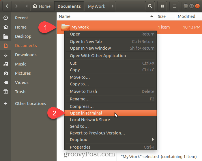 V Ubuntu Linux vyberte Open in Terminal