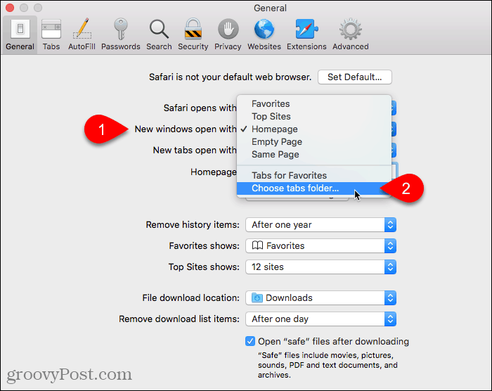 Vyberte možnosť Výber priečinka kariet pre Nové otvorené okná s nastavením v prehliadači Safari na počítačoch Mac