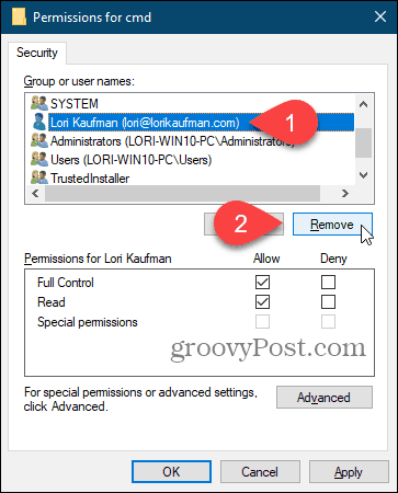 Odstráňte používateľa v dialógovom okne Povolenia v registri Windows