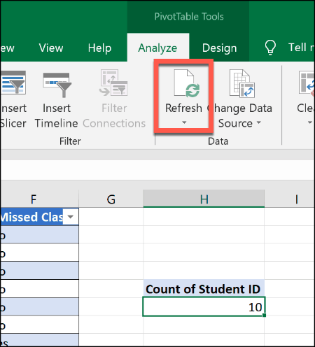 Obnovenie kontingenčnej tabuľky v Exceli
