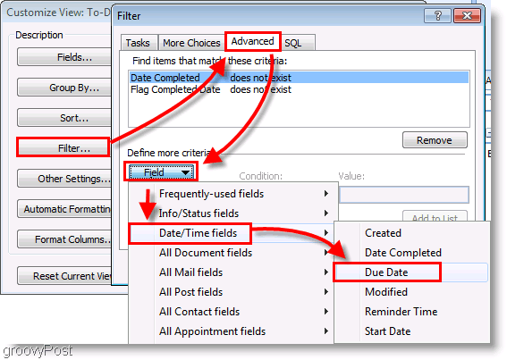Snímka obrazovky: Filter nastavenia panela úloh programu Outlook 2007