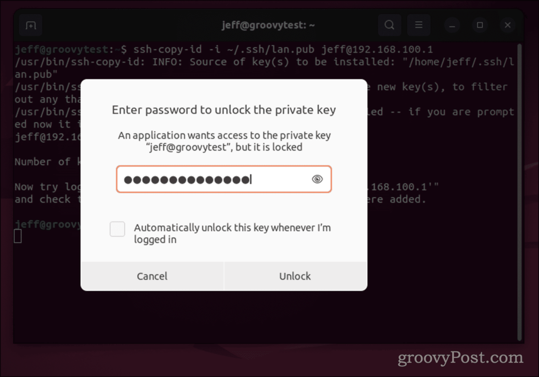Dialógové okno hesla Ubuntu pre kľúč SSH