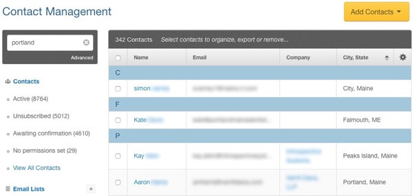 vzorka segmentovaného e-mailového zoznamu na správu kontaktov