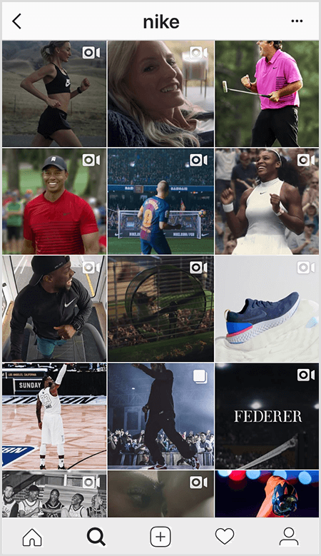 Príspevky Nike na Instagrame obsahujú mriežku športovcov, ktorí majú výbavu Nike, ale na niekoľkých obrázkoch vo feede je text.