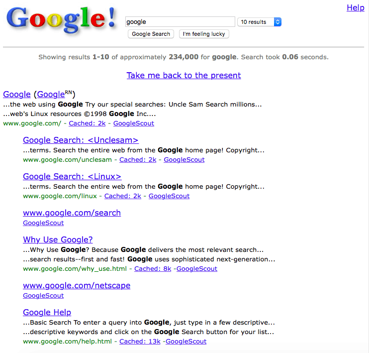 Piatok zábava: Prejdite späť na web 1.0 pomocou Googling „Google v roku 1998“