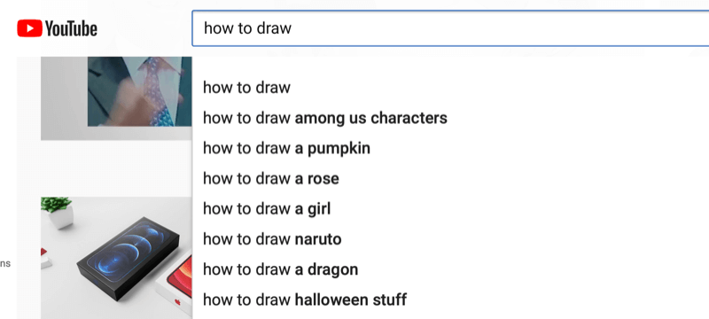 príklad výskumu kľúčových slov na youtube pre výraz „ako kresliť“