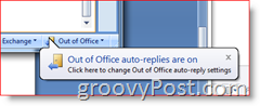 Pravý dolný roh programu Outlook 2007 – Pripomenutie zapnutých automatických odpovedí mimo kancelárie