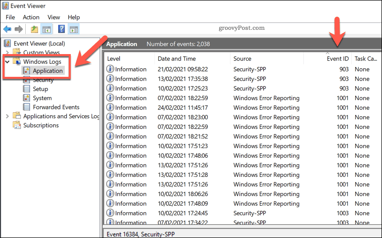 Zoznam protokolov aplikácií systému Windows v prehliadači udalostí