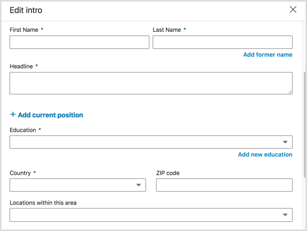 Dialógové okno Upraviť úvod, kde upravujete nadpis svojho profilu LinkedIn