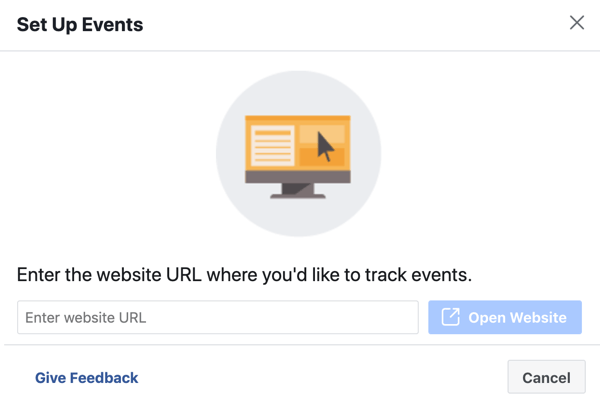Pomocou nástroja na nastavenie udalostí na Facebooku, krok 3, zadajte adresu URL webových stránok a nainštalujte pixelovú udalosť
