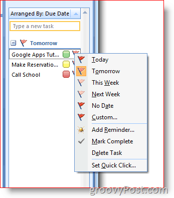 Panel úloh programu Outlook 2007 – Kliknutím pravým tlačidlom myši na príznak zobrazíte ponuku Možnosti