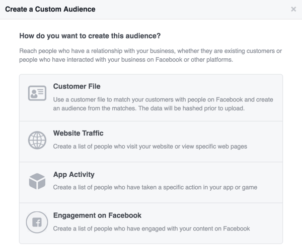 Vyberte zdroj, ktorý chcete použiť pre svoje vlastné publikum na Facebooku.