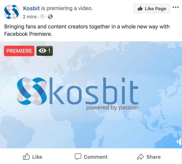 Facebook Premiere príklad od kosbitu, premiéra videa