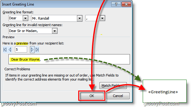 Snímka programu Outlook 2010 - vyberte predvolené možnosti riadku pozdravu a kliknutím na tlačidlo OK sa zobrazí aj ukážka